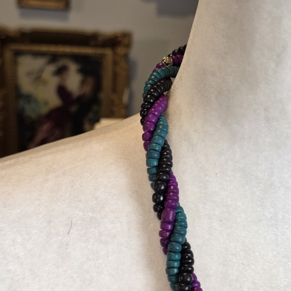 Vintage Chunky Twisted Beaded Necklace Teal Purple Black Multi-Strand Statement - Picture 8 of 10